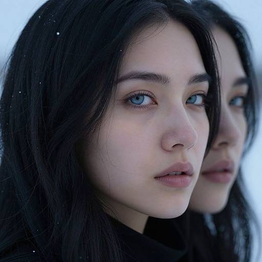 Close-up photograph of a young woman with pale skin, blue eyes, and long black hair, reflected in a mirror, showing a double image against a