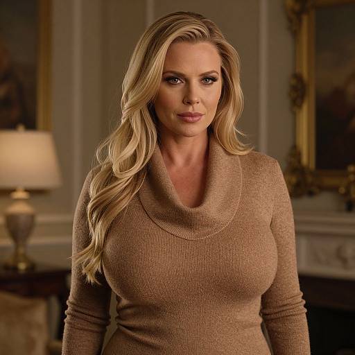 Photograph of a blonde woman with wavy hair, wearing a brown, long-sleeved turtleneck, standing in a warmly lit, elegant