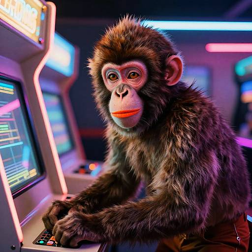 Photorealistic digital image of a monkey with red lipstick, sitting at a brightly lit arcade machine, gripping the controls. Neon lights in the background.