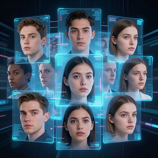 Photorealistic CGI image of six young, fair-skinned individuals with serious expressions, arranged in a grid of glowing blue virtual screens.
