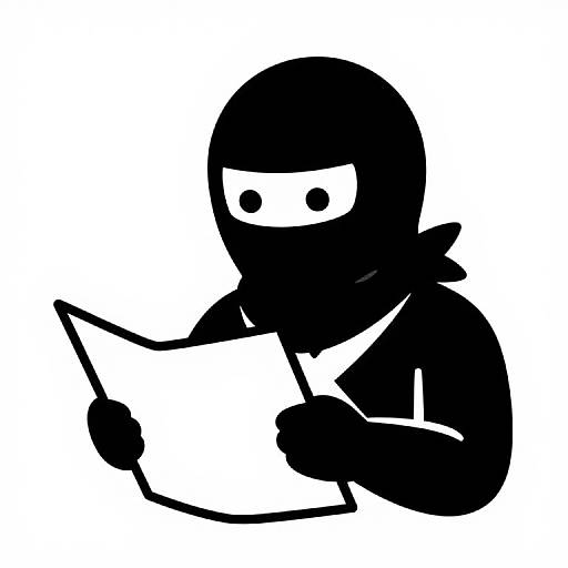 Black and white digital drawing of a masked figure with a round head, holding and reading a paper. Minimalist style.