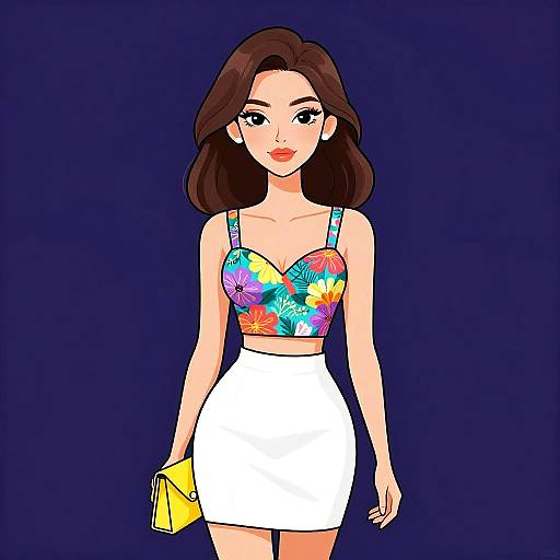 Digital illustration of a stylish woman with long brown hair, wearing a colorful floral crop top and white mini skirt, holding a yellow clutch, against a dark