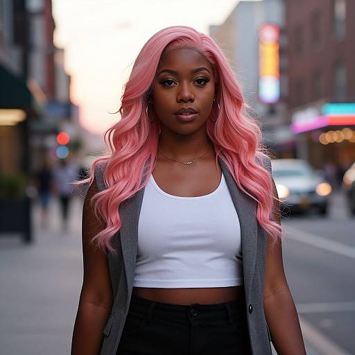Photograph of a confident Black woman with long pink wavy hair, wearing a white crop top, gray blazer, and black pants, standing on