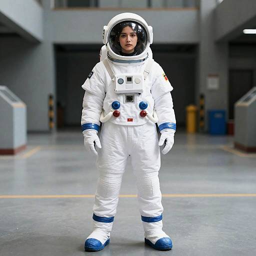 Photograph of a young woman in a white astronaut suit with blue accents, standing in a gray, industrial hallway. She has a serious expression, with