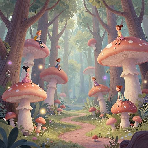 Whimsical Characters on Oversized Mushrooms in Fantasy Forest