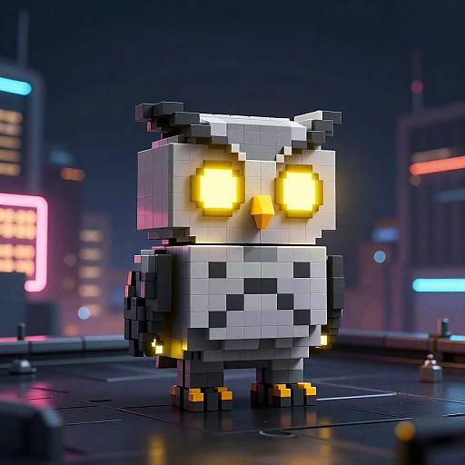 Pixel art owl with glowing yellow eyes stands on a neon-lit city street at night, featuring colorful, blurred skyscrapers.