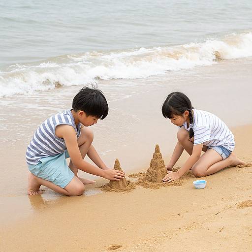 Photograph of two Asian boys with short black hair, wearing striped shirts and blue shorts, building a sandcastle at the shoreline.