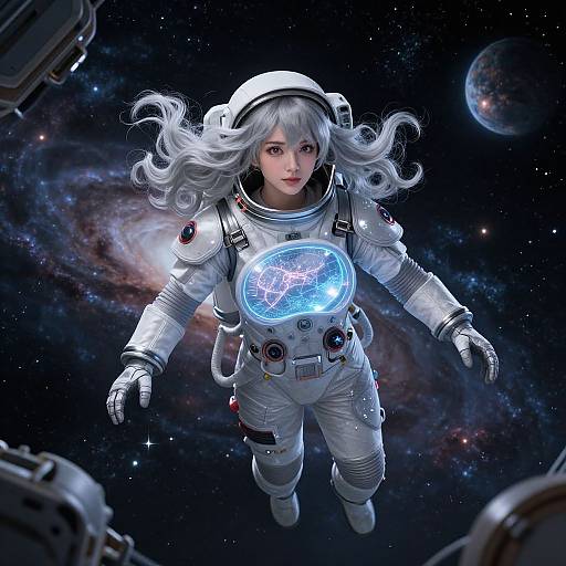 Digital art of a silver-haired woman in a white spacesuit with glowing blue helmet, floating in space, near a planet and galaxy.