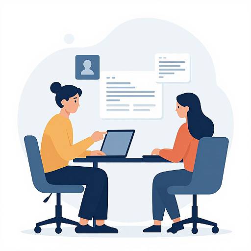 Illustration of two women with dark hair, one in orange, one in yellow, seated at a table with laptops, discussing.