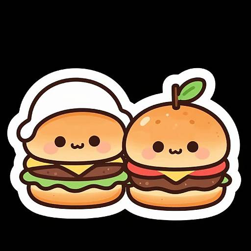 Cute digital drawing of two kawaii-style burgers: one with cheese, lettuce, and patty, the other with cheese, lettuce, tomato,