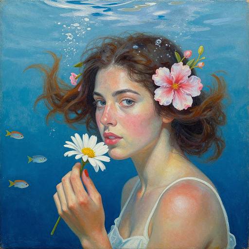 Digital painting of a fair-skinned woman with brown hair, underwater, holding a white daisy, pink hibiscus flower in hair, surrounded