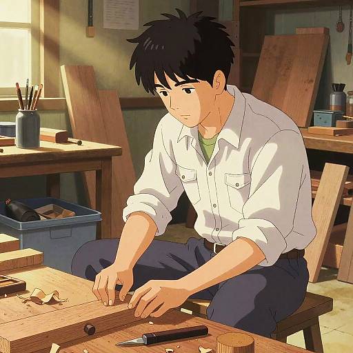 Woodworker in Sunlit Studio