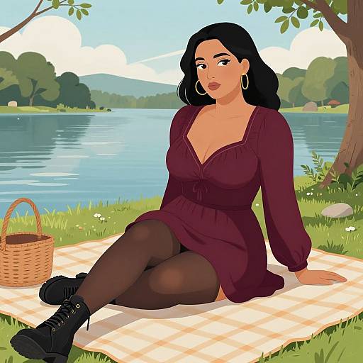 Digital illustration of a dark-haired woman in a maroon dress and black boots, sitting on a picnic blanket by a lake.