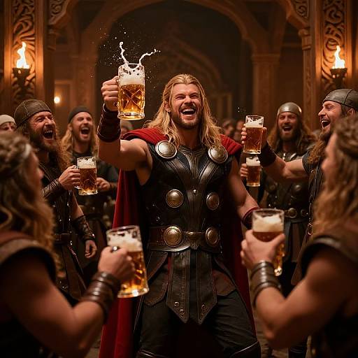 Photograph of a muscular, blonde Viking warrior with long hair, wearing black armor and a red cape, raising a foamy beer mug in a dim