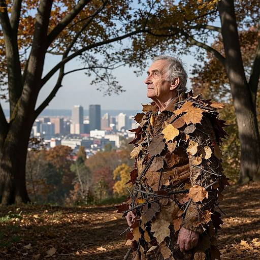 Photograph of an elderly man with short gray hair, wearing a cloak made of autumn leaves, standing in a forest with a city skyline in the background