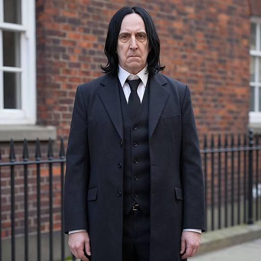 Photograph of an older white man with long black hair, wearing a black three-piece suit and tie, standing in front of a brick building with a