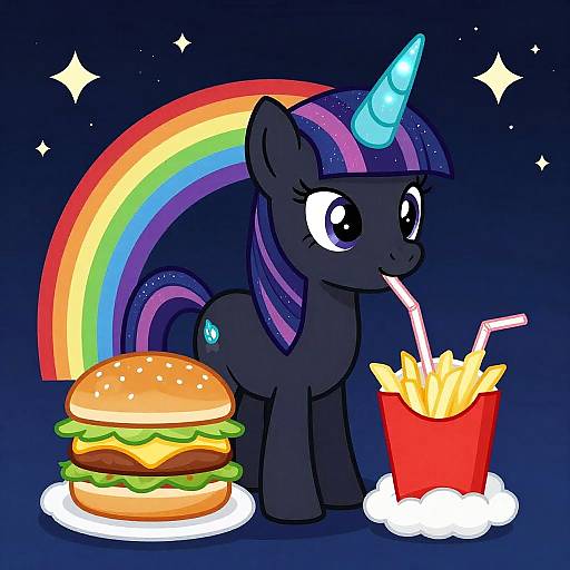 Midnight Black Unicorn with Burger and Fries