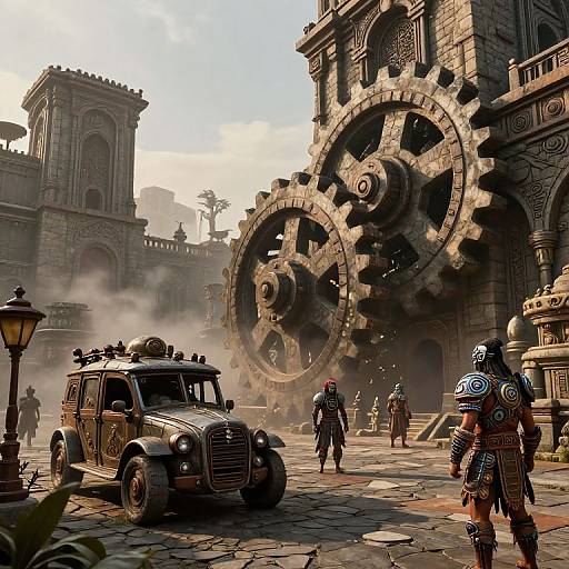 Stonepunk Cityscape with Mechanical Innovations