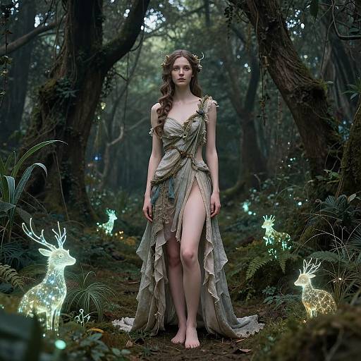 Photograph of a fair-skinned, long-haired woman in an ethereal, beige, tiered dress, standing barefoot in a mystical, forest