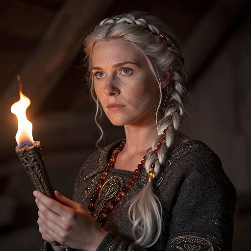 Photograph of a pale-skinned, blonde woman with braided hair, wearing a dark, ornate medieval dress, holding a lit candle, against