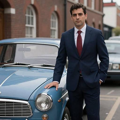 Man in Suit with Vintage Blue Car