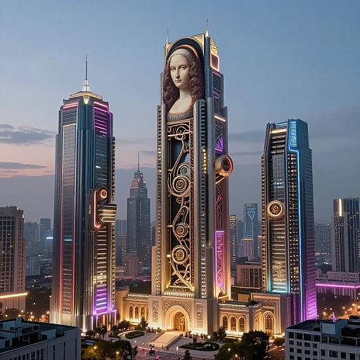 Photograph of a futuristic cityscape at dusk featuring a towering skyscraper with a large illuminated portrait of a woman, surrounded by neon-lit buildings and