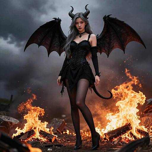 Photograph of a grey-haired, pale-skinned woman with black horns, wings, and dress, standing in front of a fiery, smoky background
