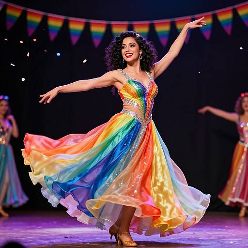 Photograph of a curly-haired woman in a vibrant, rainbow-colored, sleeveless dress dancing on stage, arms outstretched, with colorful bunting