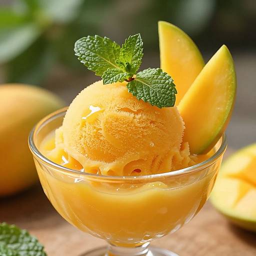 Photograph of a glass bowl filled with bright yellow mango ice cream, topped with fresh mint leaves and two mango slices.