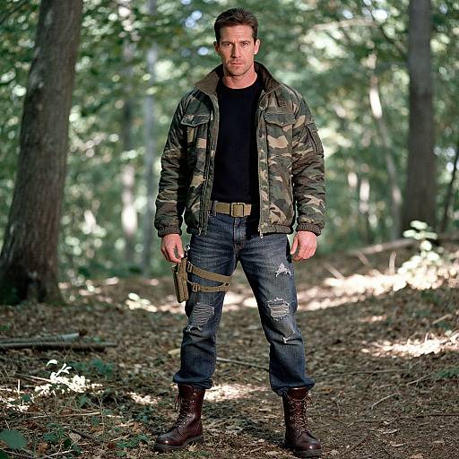 Photograph of a muscular, dark-haired man in camouflage jacket, black shirt, ripped jeans, brown boots, holding a knife, standing in a sun
