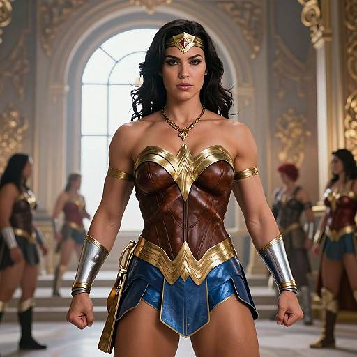 Digital artwork of a muscular, dark-haired woman in Wonder Woman costume, standing confidently in an opulent, golden-arched room with other Wonder Women