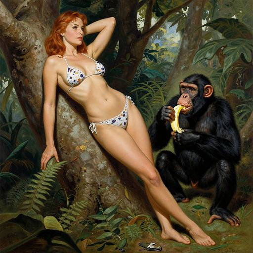 Photorealistic digital art: Red-haired woman in white polka-dot bikini leans against tree, while black chimpanzee eats banana beside her in lush jungle