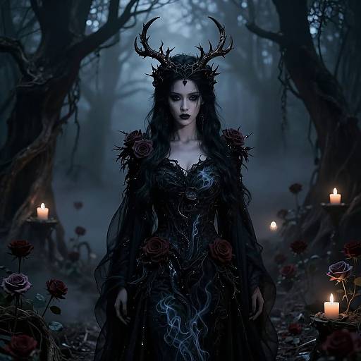 Dark, ethereal forest photograph of a pale woman with antler crown, black rose-adorned gown, surrounded by glowing candles and red roses.