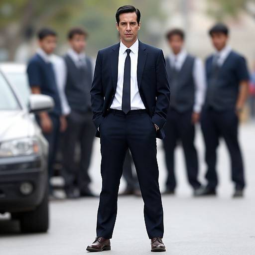 Photograph of a confident man in a black suit, white shirt, and black tie, standing in front of blurred, uniformed security guards and a
