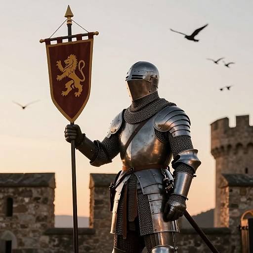 Photograph of a medieval knight in shiny silver armor, holding a red shield with a golden lion, standing in front of a stone castle at sunset,