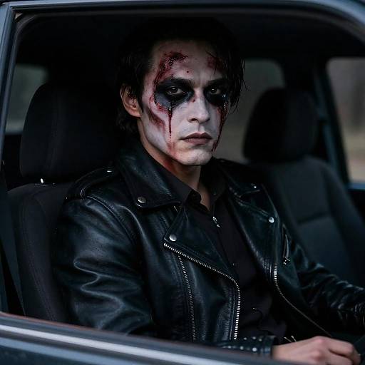 Man with Dramatic Face Paint in Leather Jacket Sitting in Car