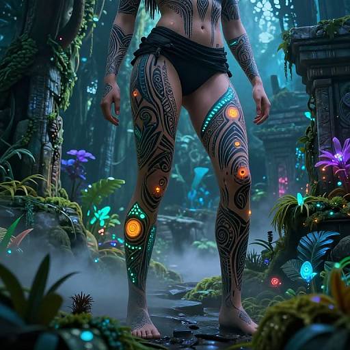 Bioluminescent Tribal Tattoos in Jungle