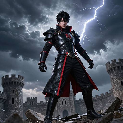 Dark fantasy illustration: Black-haired, armored man with red accents stands confidently on rubble, lightning illuminating stormy sky, ruined castle in background.