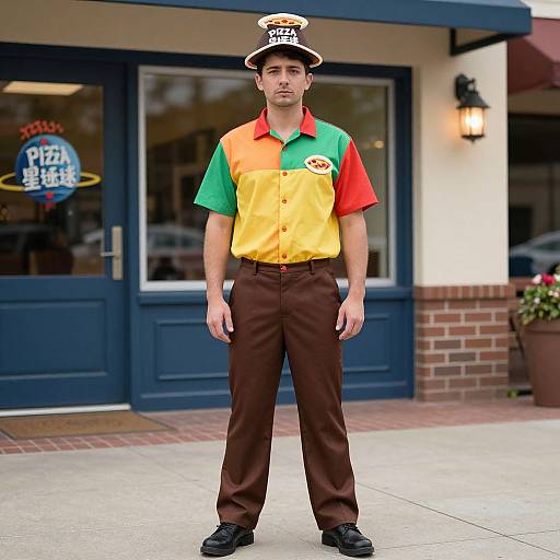 Photograph of a male Pizza Hut delivery driver standing in front of a blue-framed restaurant entrance, wearing a colorful shirt, brown pants, black shoes