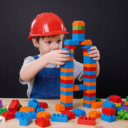 Photograph of a young boy in a red helmet and denim overalls, stacking colorful plastic blocks against a black background.