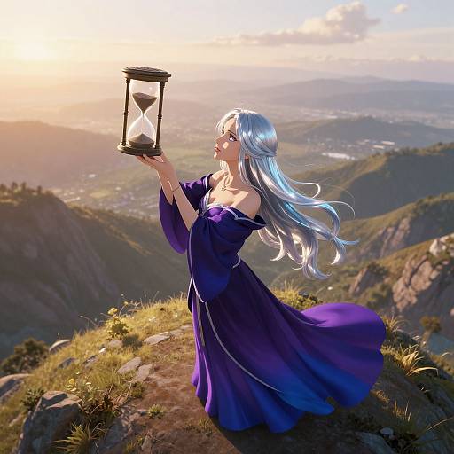 Anime-style digital artwork of a blue-haired woman in a purple dress holding a lantern, standing on a mountain at sunset.