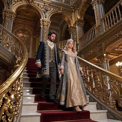 Elegant Couple Descending Grand Staircase
