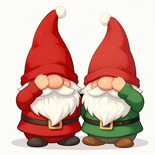 Cartoon-style digital illustration of two gnomes wearing red and green Santa hats, with white beards, black belts, and brown shoes, covering