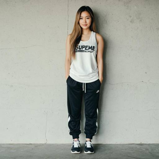 Asian Woman in Casual Athletic Wear Standing Against Wall