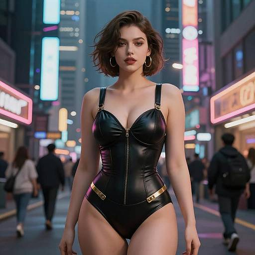 Confident Woman in Neon Cityscape