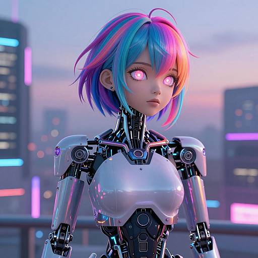 CGI image of a futuristic, neon-lit cityscape featuring a humanoid robot girl with vibrant pink, blue, and purple hair and glowing pink eyes