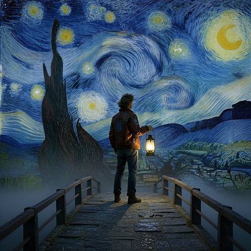 Silhouetted figure with lantern stands on wooden bridge, holding it up to Van Gogh's 