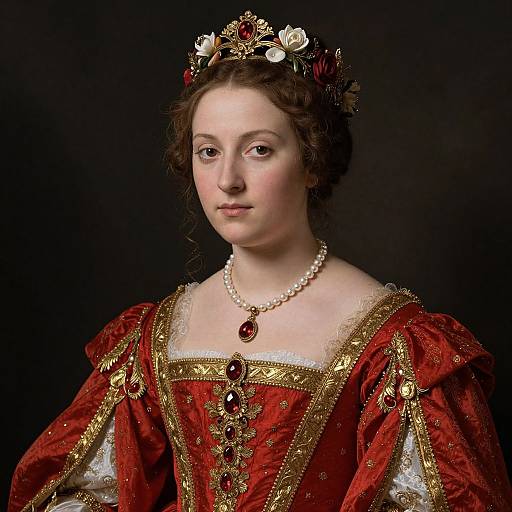 Baroque-style portrait of a fair-skinned, brown-haired woman with a crown, wearing an ornate red and gold gown, pearl necklace, and