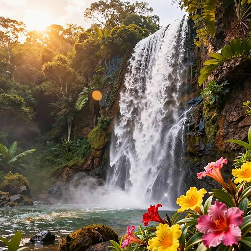 Photograph of a lush, tropical waterfall with vibrant yellow, red, and pink flowers in the foreground, sunlight filtering through dense green foliage. Mist rises