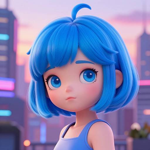 Digital anime-style portrait of a blue-haired girl with large blue eyes, wearing a blue tank top, set against a neon-lit cityscape background.